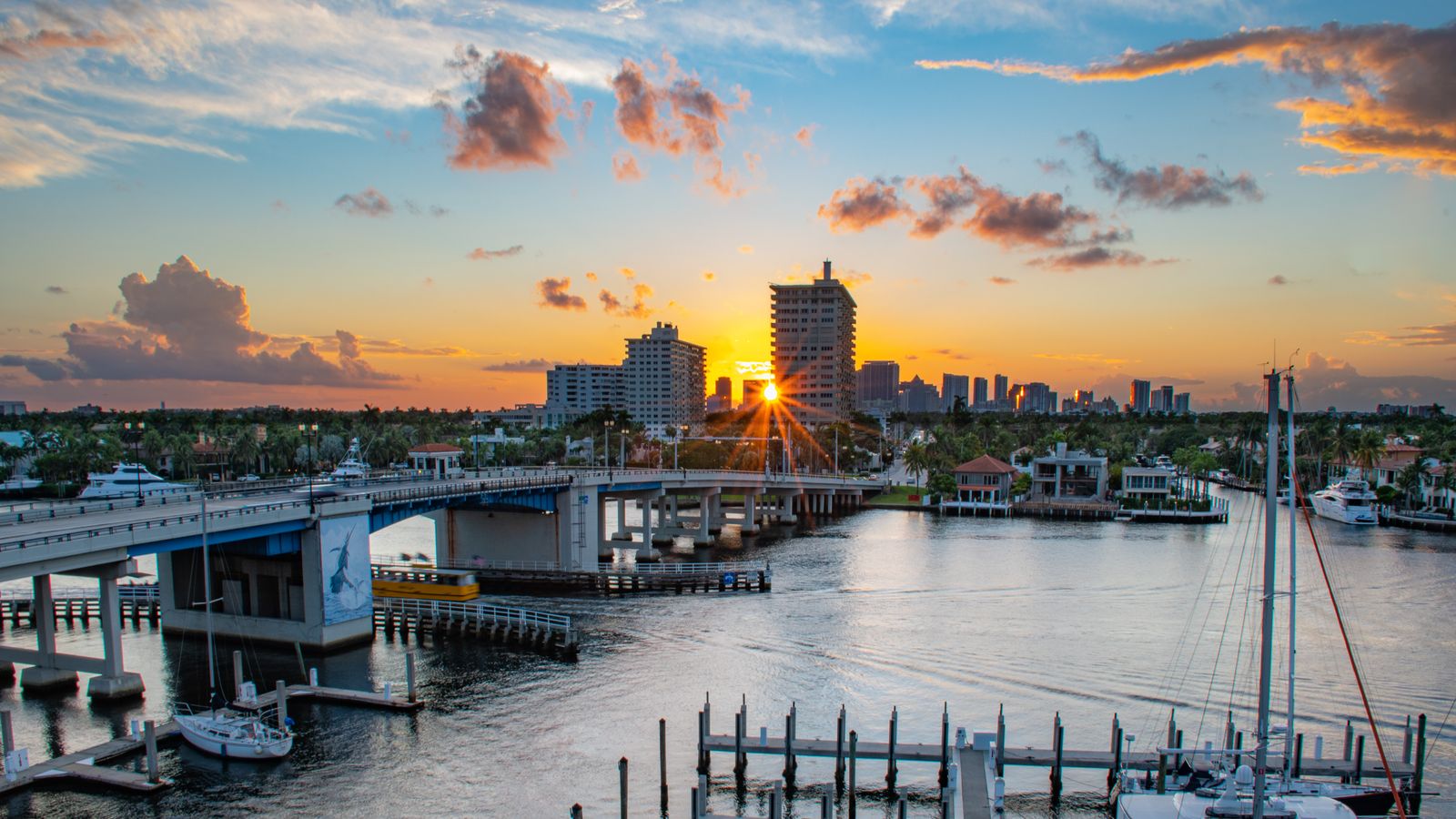 Fort Lauderdale skyline and drawbridge at sunset
